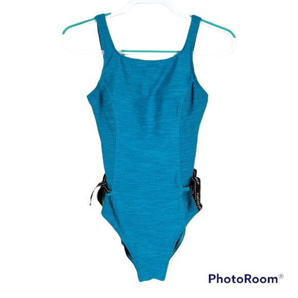 Christina Sz 10 Blue Turquoise One Piece Swimsuit Waist Cinching Side Ties - Picture 1 of 5